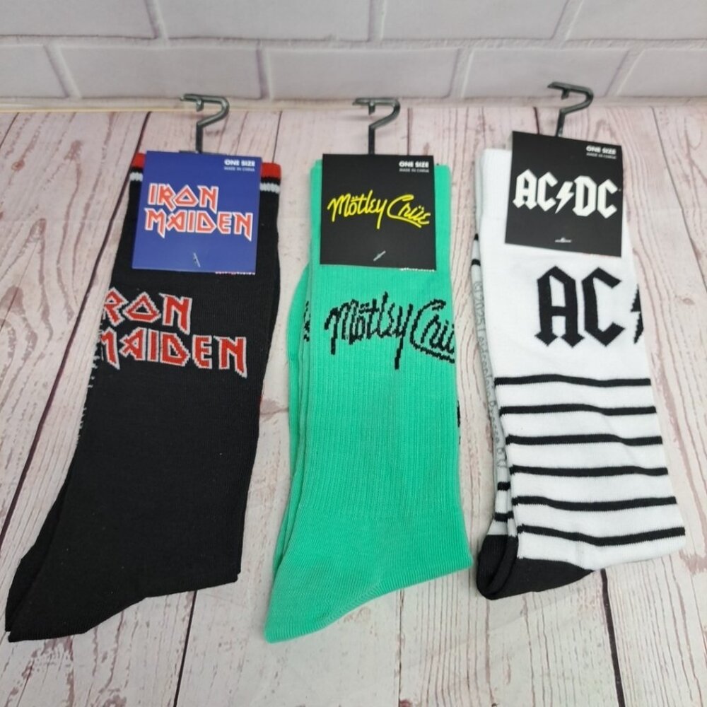 IRON MAIDEN / MOTLEY CRUE / AC DC Set of 3 Crew Socks ~ 80s & 90s Rock Bands
